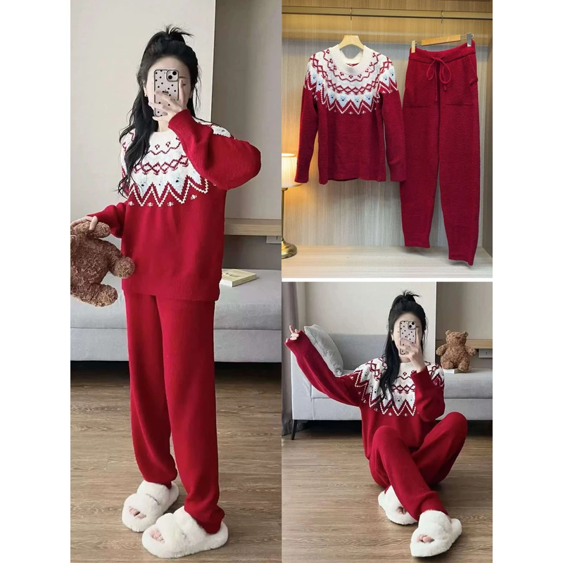 明*同款！冬季半边绒圣诞红色本命年费尔岛家居服睡衣套装女