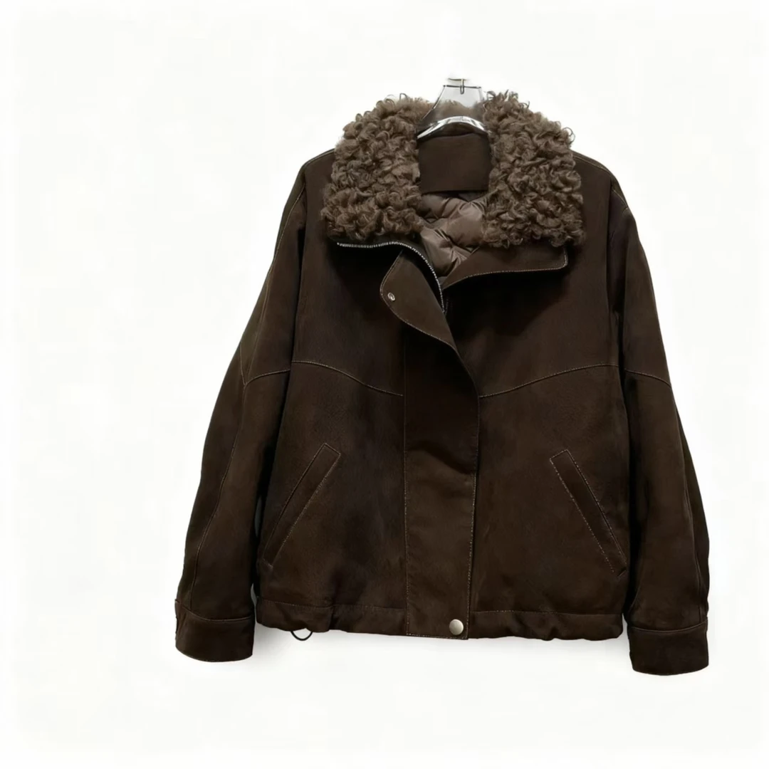 25198  时尚山羊皮真皮鹅绒服