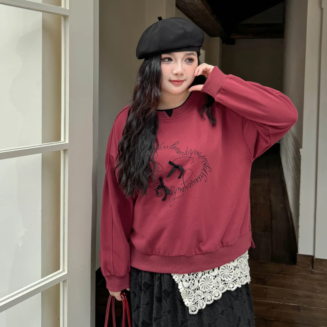 DC7089大码女装【法式浪漫卫衣】秋冬胖mm双层领蝴蝶结爱心印花上衣