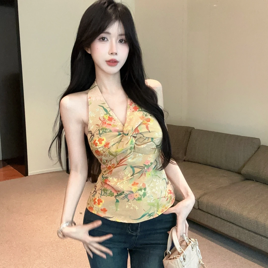 复古气质扭结设计感提花吊带背心女收腰显瘦V领挂脖露背无袖上衣