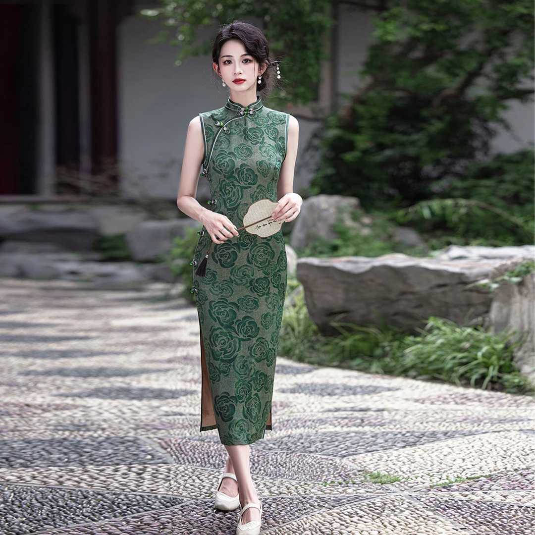 【绿玫】2025春夏年轻少女时尚无袖绿色复古新中式旗袍修身显瘦日常
