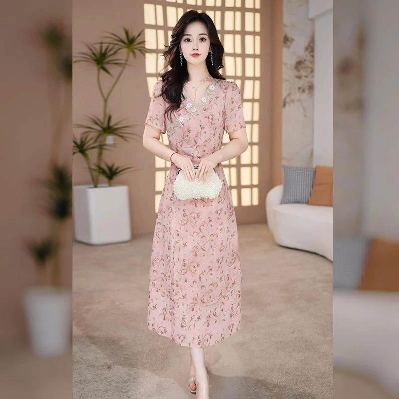 【千羽定制】新中式印花旗袍连衣裙2025年夏季复古优雅显瘦a字裙子