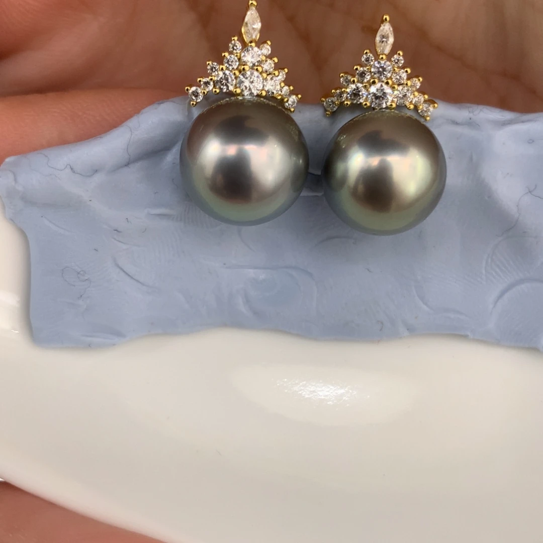 定制海水珍珠银S925镶嵌耳饰11-11.2mm大溪地两颗