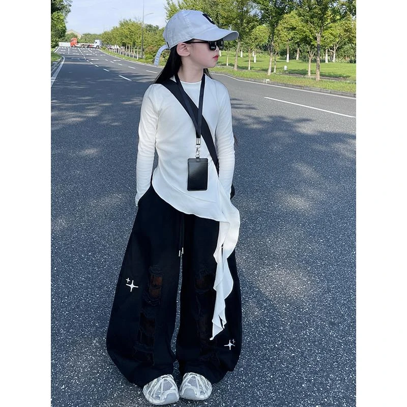 GPTSu女童套装秋季2025新款大童女装潮破洞阔腿裤秋装时尚两件套