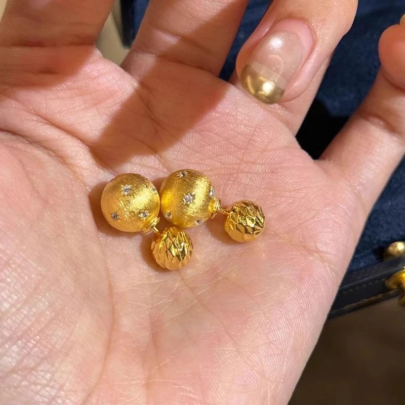 铜合金合成锆石耳饰 金色拉丝小金球八芒星耳钉小众独特气质耳饰