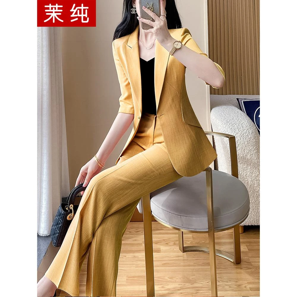 时尚洋气女黄色中袖独特漂亮西装高级感气质韩版高级感职业装正装