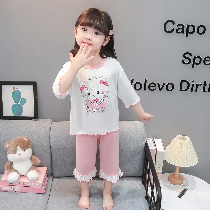 女童夏季套装2025新款莫代尔公主风中小童卡通家居服分体睡衣套装