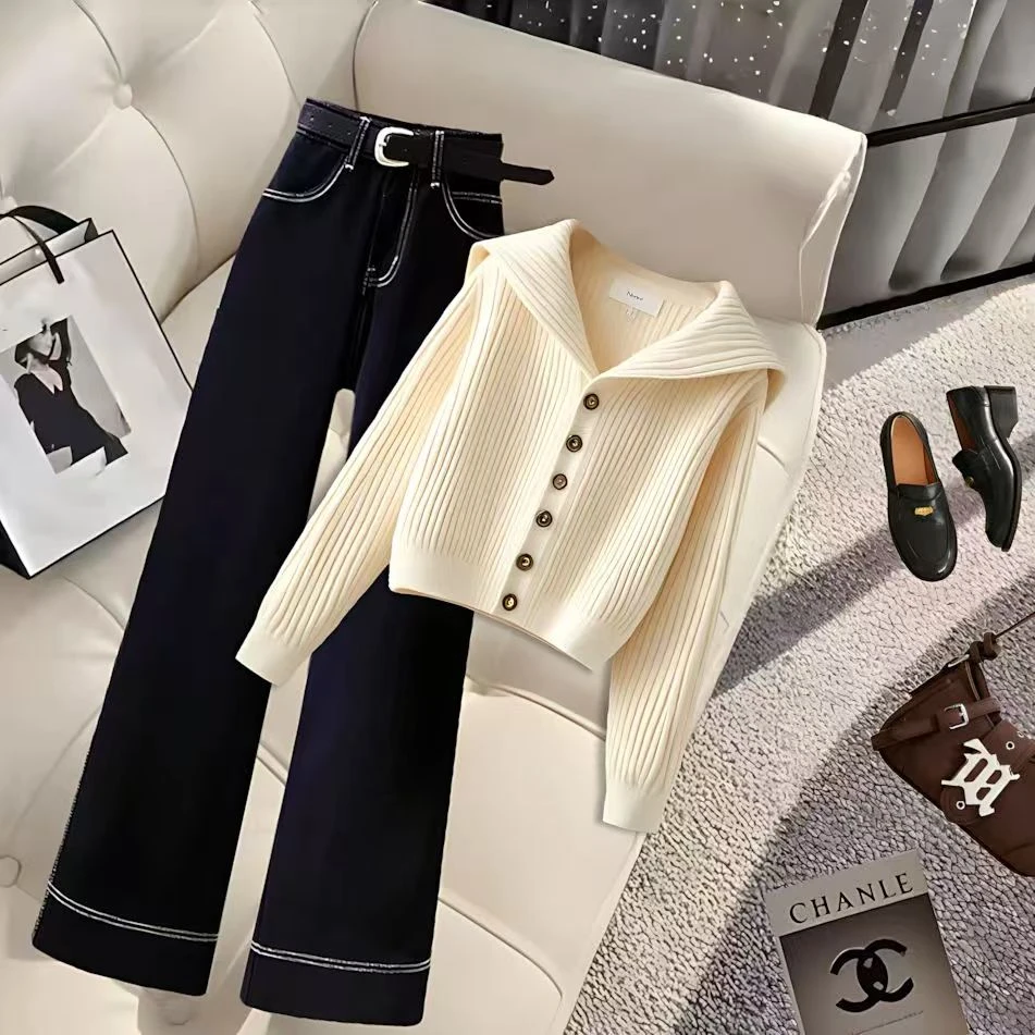 2025穿搭一整套小香风针织毛衣女新款设计感减龄高腰牛仔裤两件套