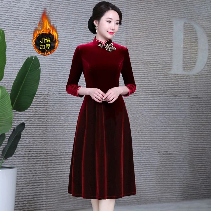 高档改良旗袍小个子喜婆婆喜妈妈婚宴礼服金丝绒加绒连衣裙秋冬