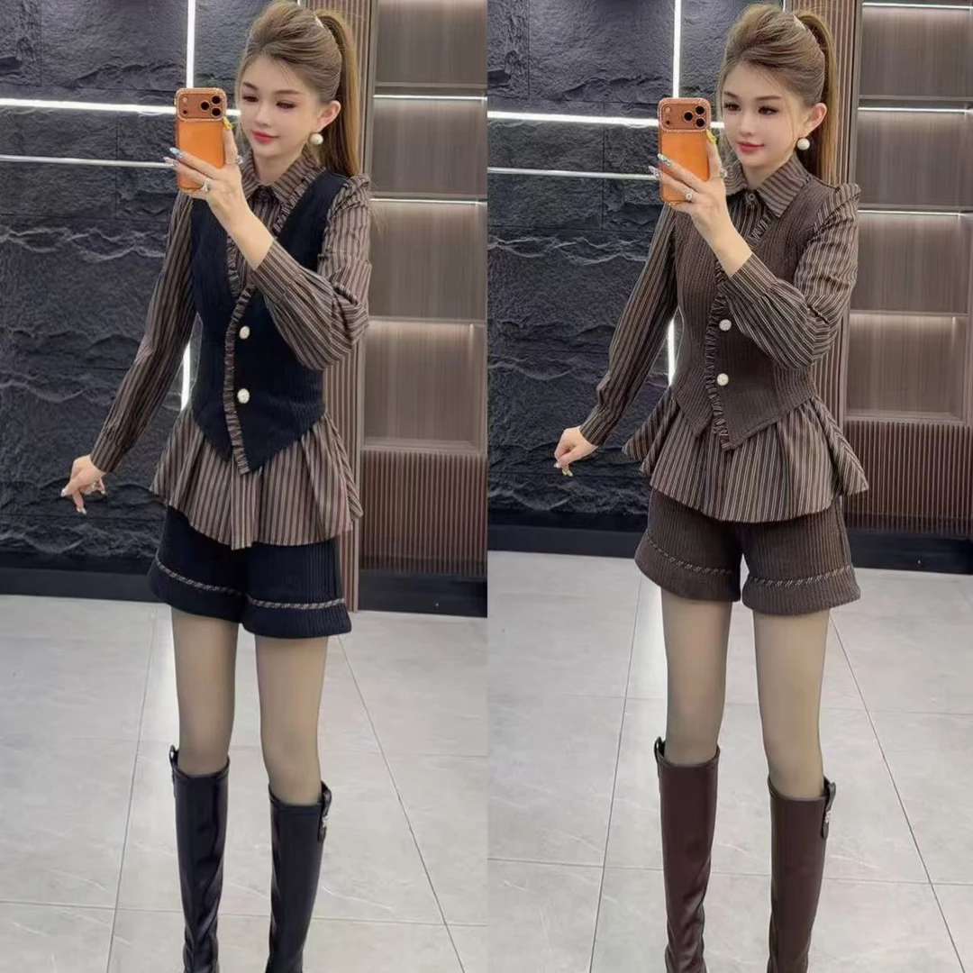 上新7139 时尚假两件单排扣衬衫 加 短裤 两件套