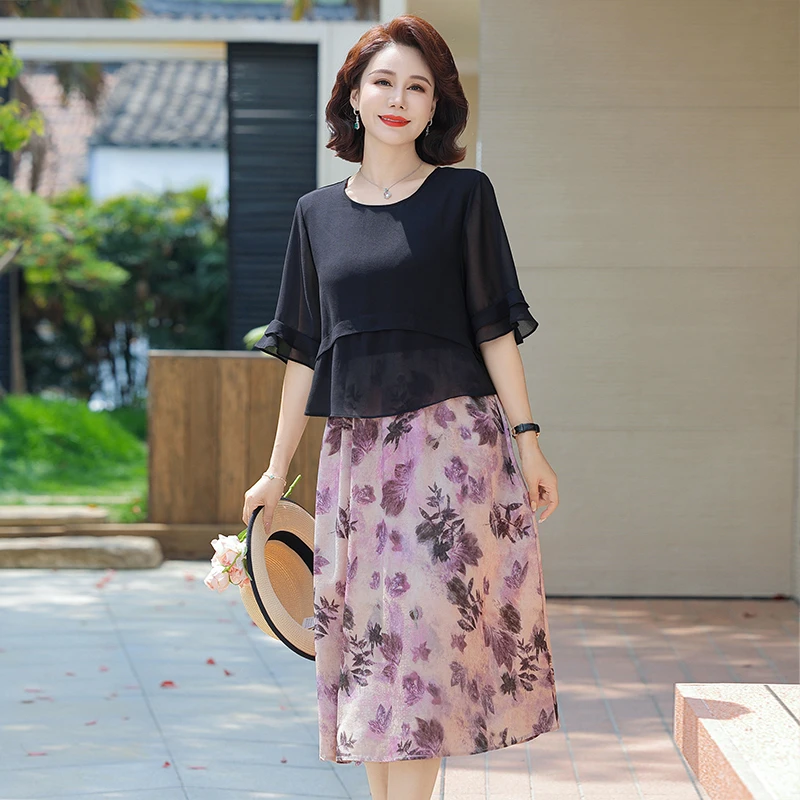 夏装中年妈妈洋气减龄连衣裙2025新款高贵阔太太气质假两件长裙子