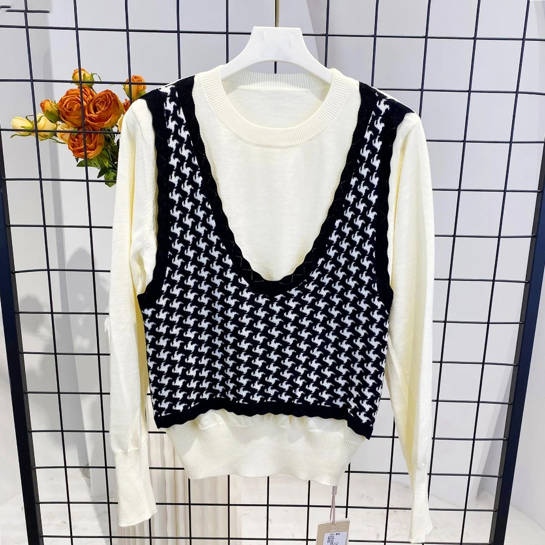 【秋季新款】C5593白色时尚洋气气质百搭拼色长袖圆领套头针织衫