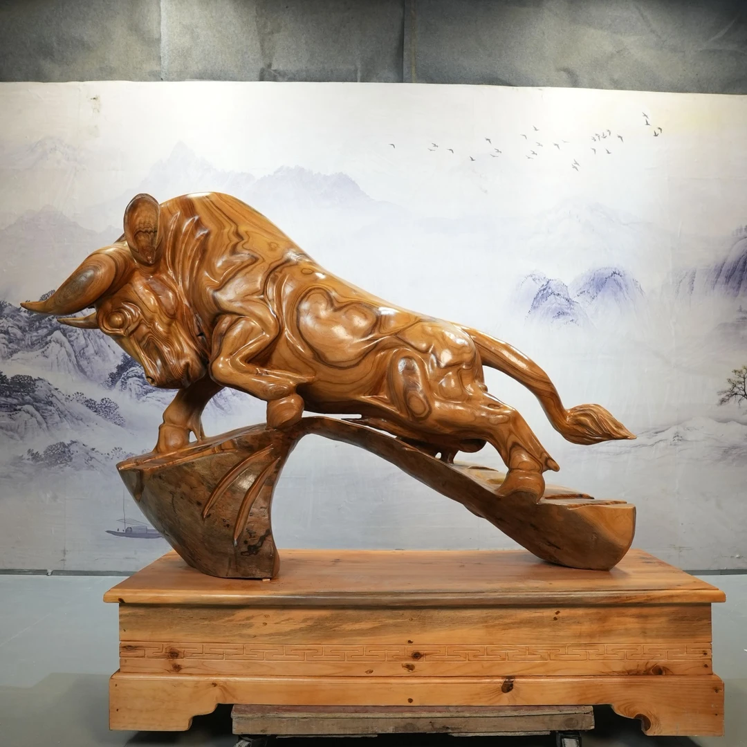 木雕实木牛摆件招财牛吉祥物牛转乾坤办公室客厅装饰品根雕工艺品