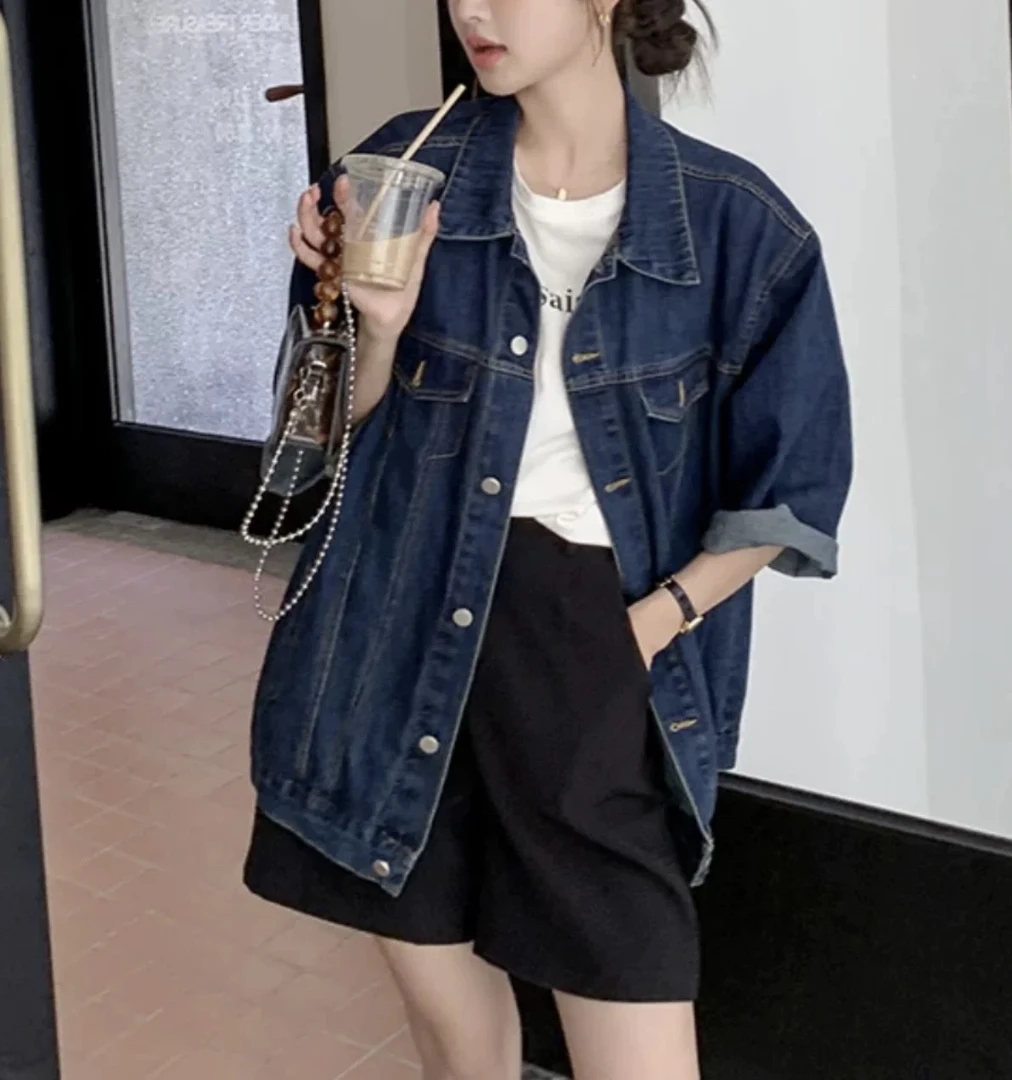 100 港风复古多色时尚宽松男友风百搭牛仔衬衫短袖外套（K16）