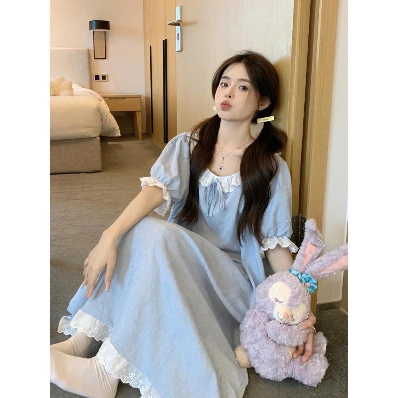 睡裙女夏季短袖中长款韩版甜美蕾丝公主风提花布可外穿家居服薄