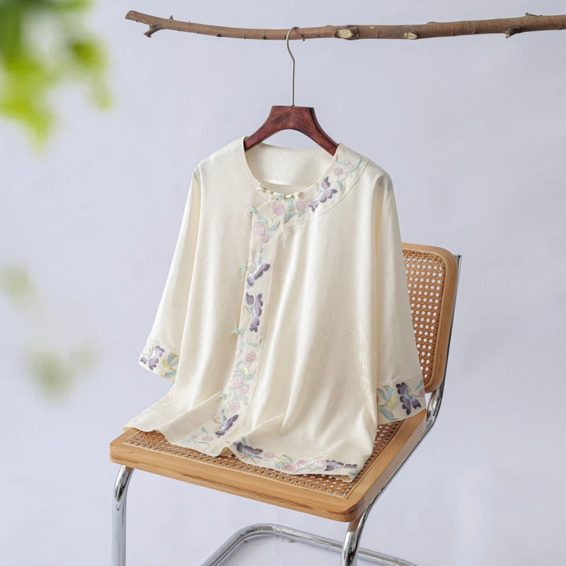 2025夏季新款中式完美刺绣薄款宽松上衣-轻盈简约通勤