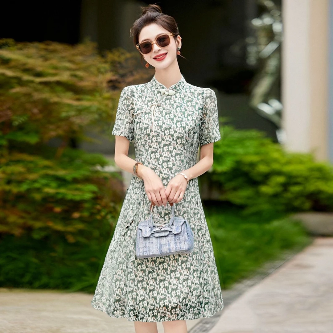 新中式碎花改良旗袍连衣裙女2025新款夏季中长款显瘦气质裙子