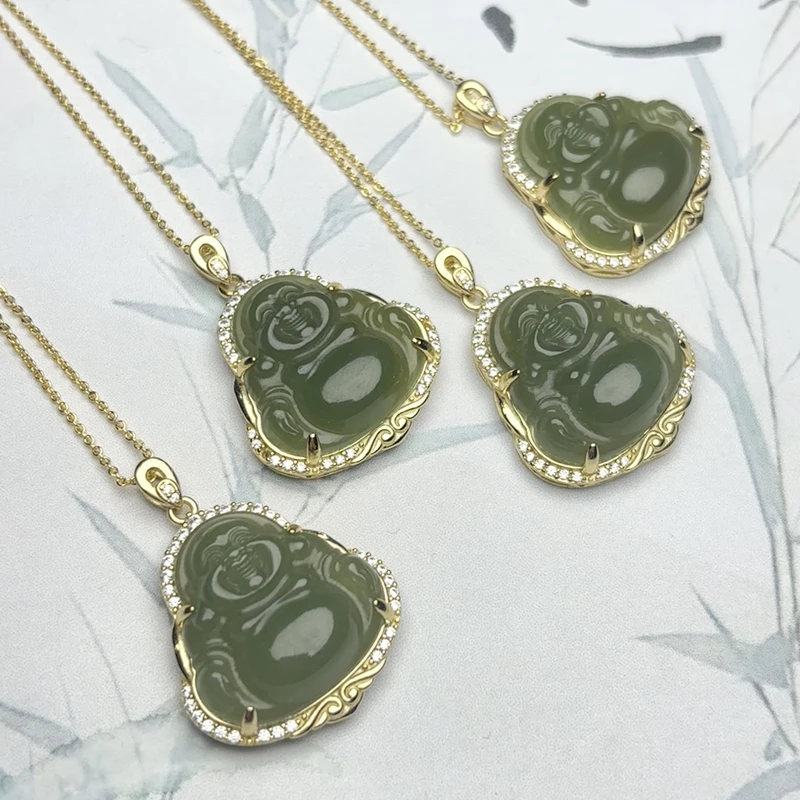 和田玉弥勒佛吊坠（S925银镶）多样性发货拍一发一