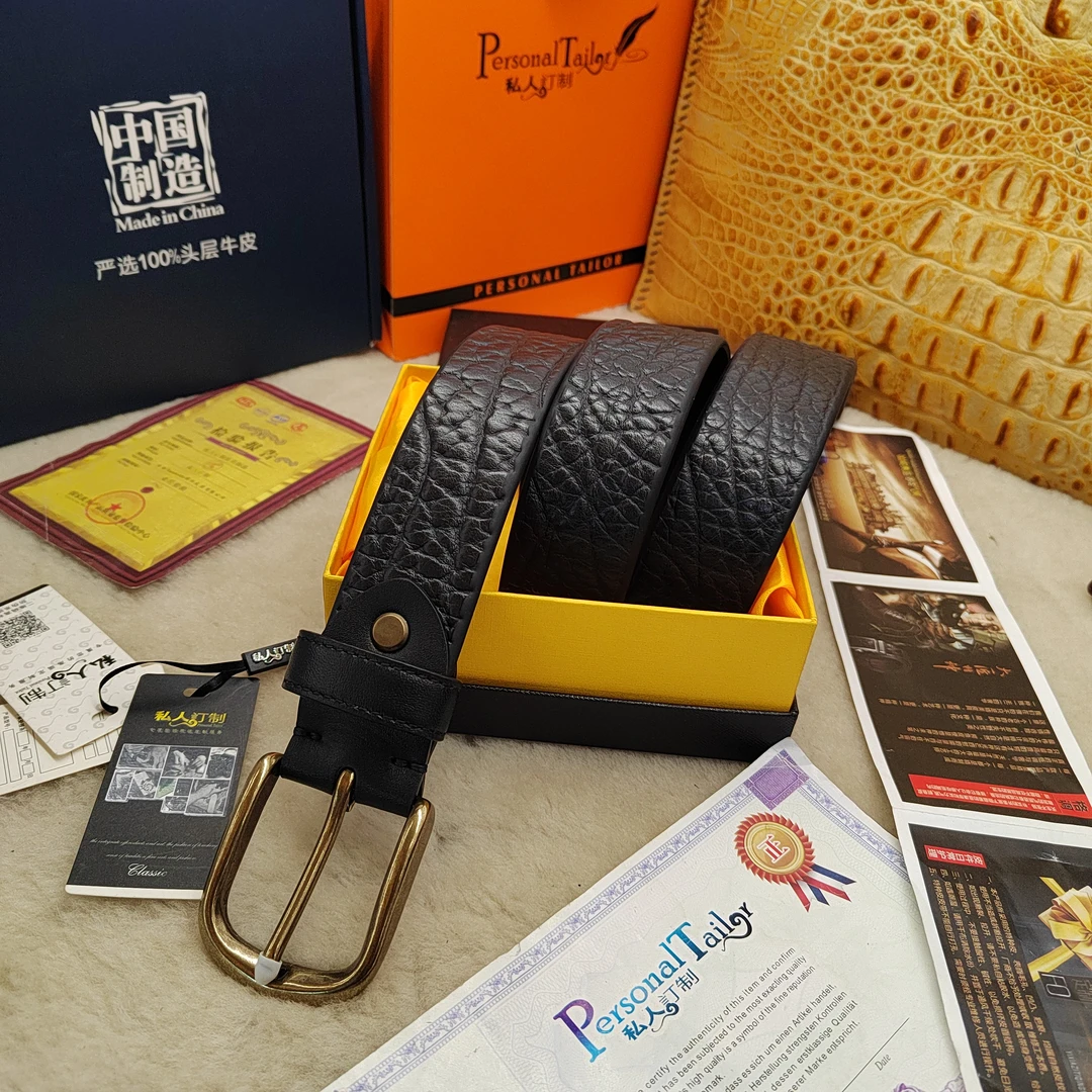 新款野牛纹单层皮树膏头层牛皮压花黄铜扣光面双面可用男士腰带