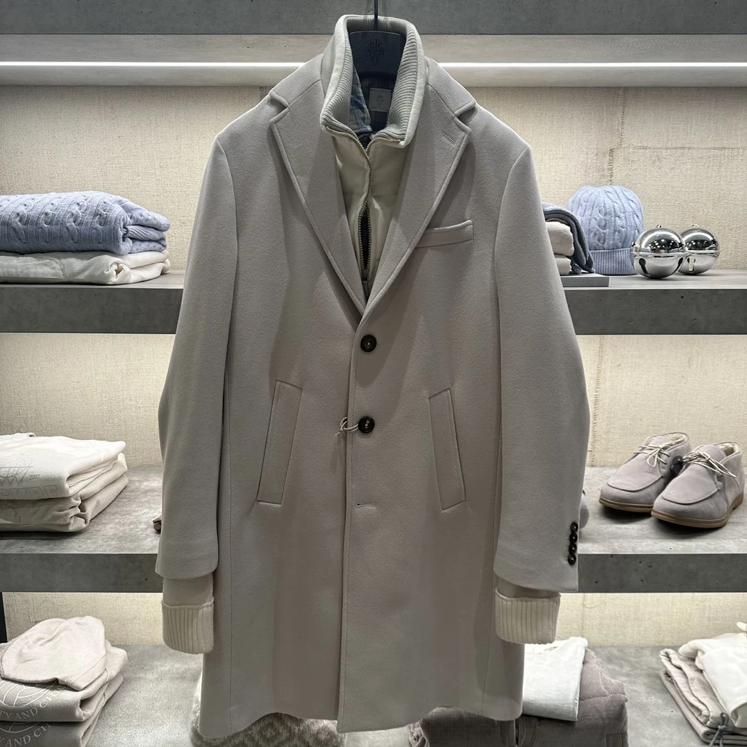 代e l e v e n t y  冬季米色羊羊某绒混纺假两件大衣外套