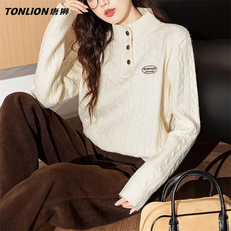 唐狮秋冬精致绞花半开襟半高领套头针织衫女外穿毛衣女