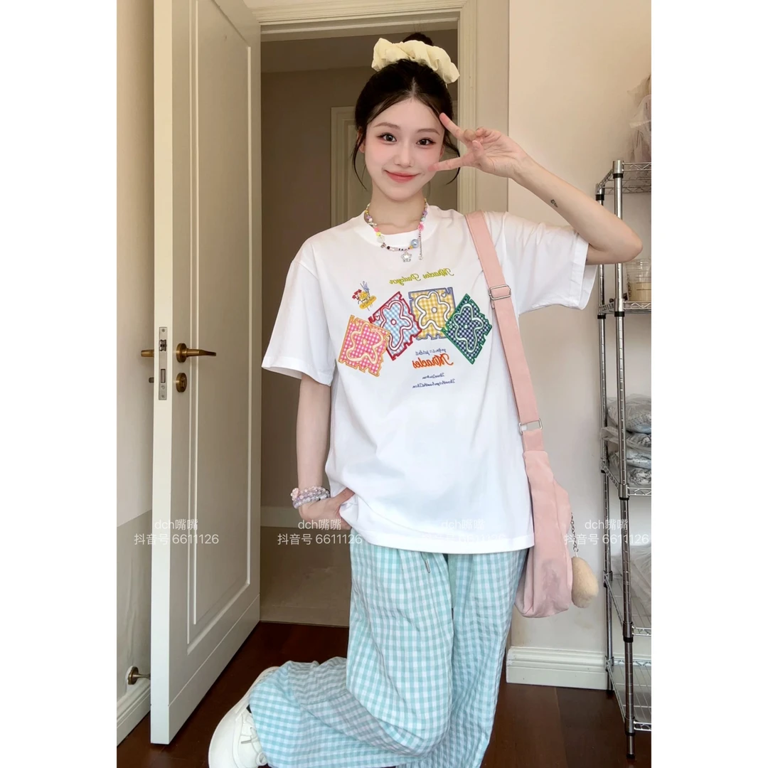 【现货-贴布刺绣】美式潮牌学生短袖t恤女夏季新款小众休闲宽松上衣