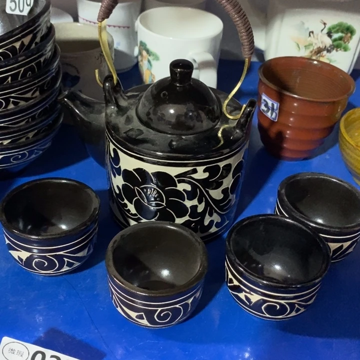 瓷片黑刻茶具一壶4背提梁壶微瑕疵