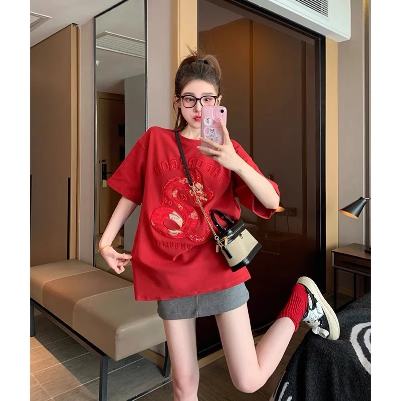 中国龙磨毛重工国风刺绣龙图短袖T恤女创意设计宽松半袖