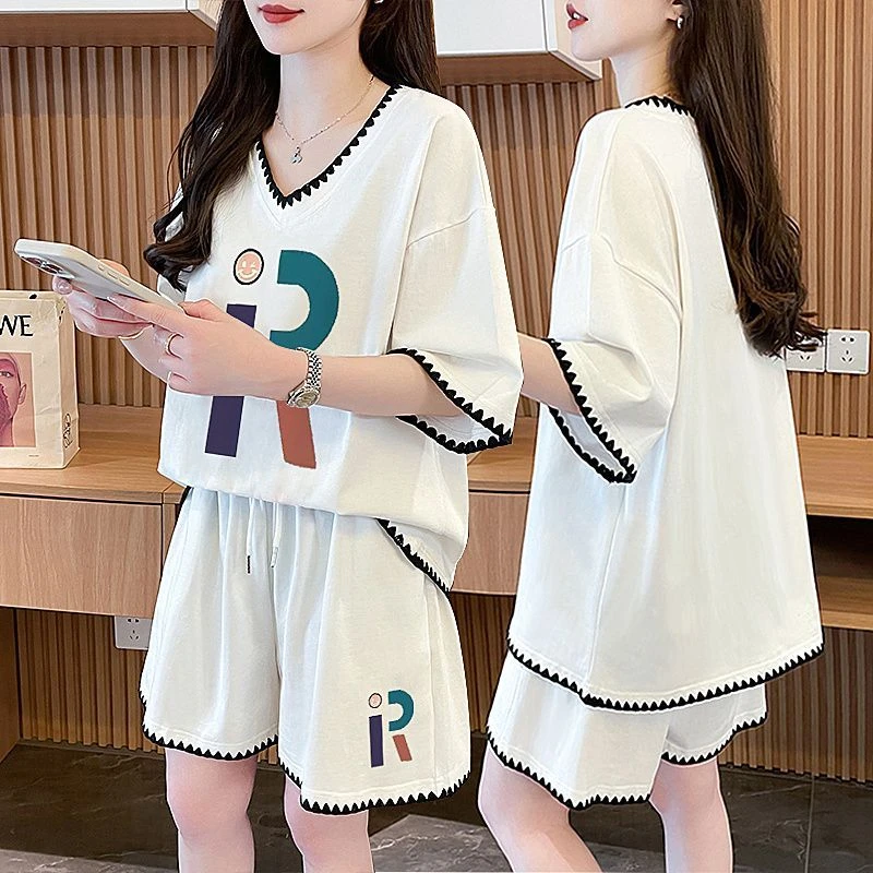 夏季纯棉V领短袖t恤短裤两件套女2025新款网红洋气休闲运动服套装
