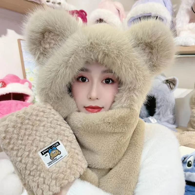 空耳朵冬季新款帽子围巾手套三件套毛绒加厚高颜值防寒三合一帽子