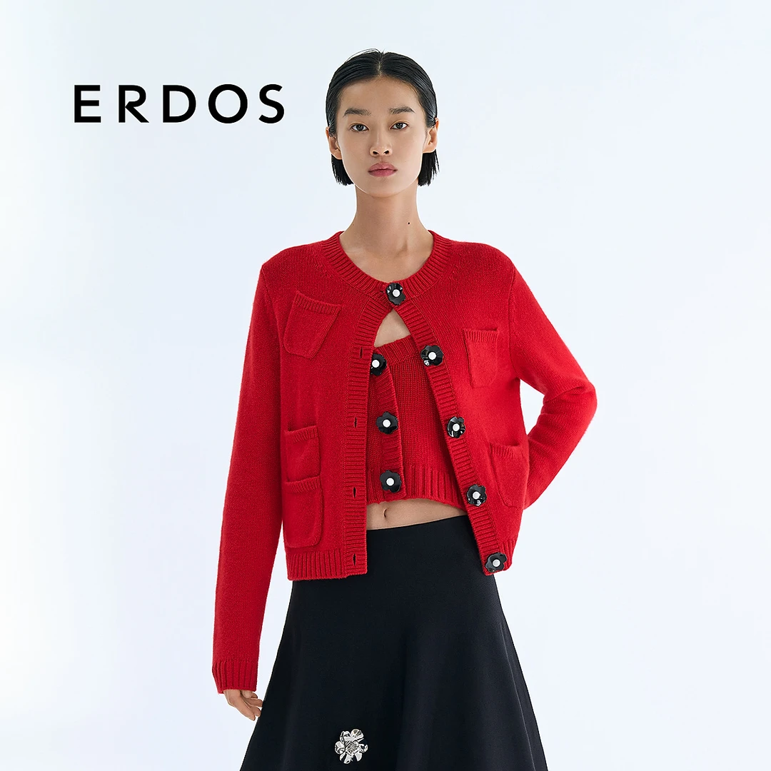 【花朵纽扣羊绒外套】ERDOS 圆领红色宽松针织开衫春