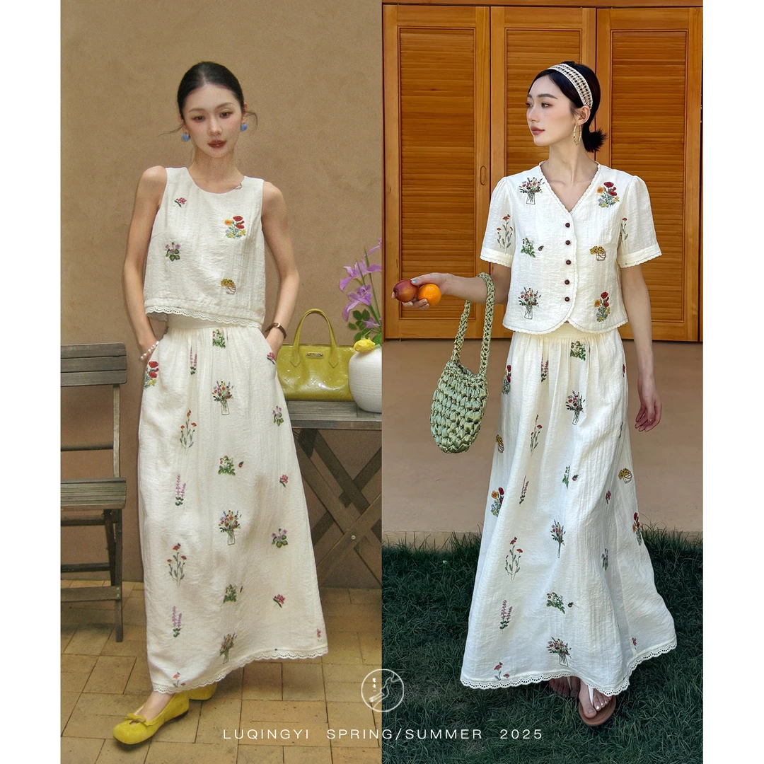 鹭青一原创【事事幽】重工绣花短袖T恤慵懒风半裙套装L25G7529BA