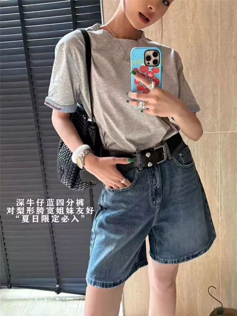 夏日限定深蓝色牛仔四分裤配腰带- Y1913