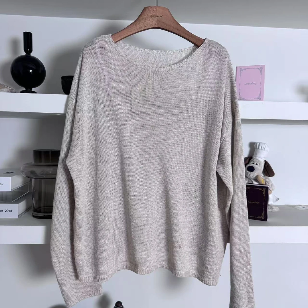 【画影山茶】天丝亚麻针织薄款罩衫圆领长袖百搭纯色上衣女