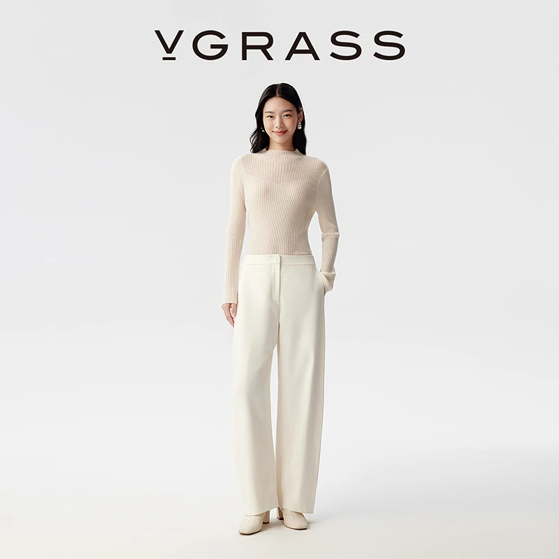 VGRASS25秋冬新款百搭裤王混纺阔腿弯刀裤时髦修饰腿型清爽白裤子