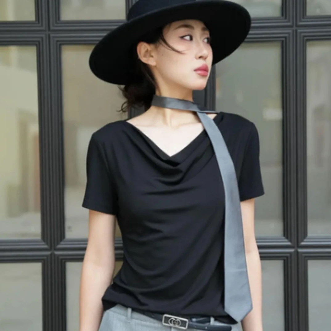 AMASS/阿玛施夏季新款显瘦气质短袖荡领冰凉感休闲百搭T恤530064