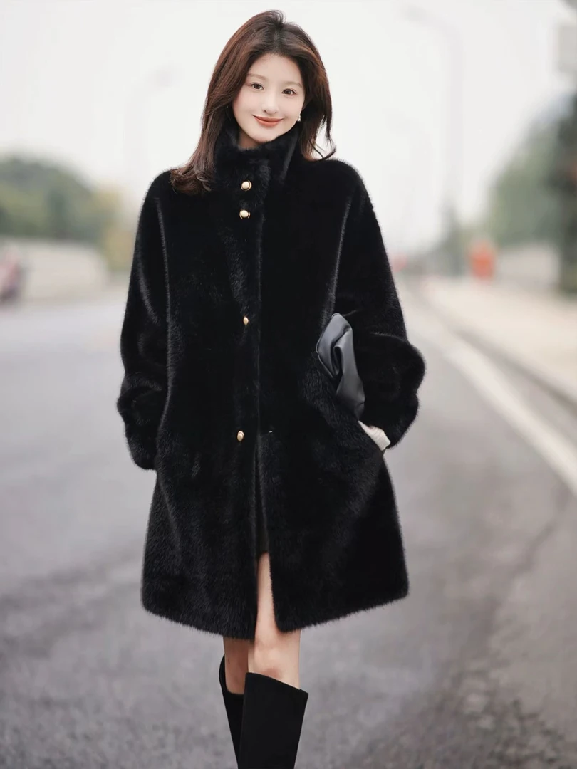 冬季新款立领金单排扣中款毛毛外套