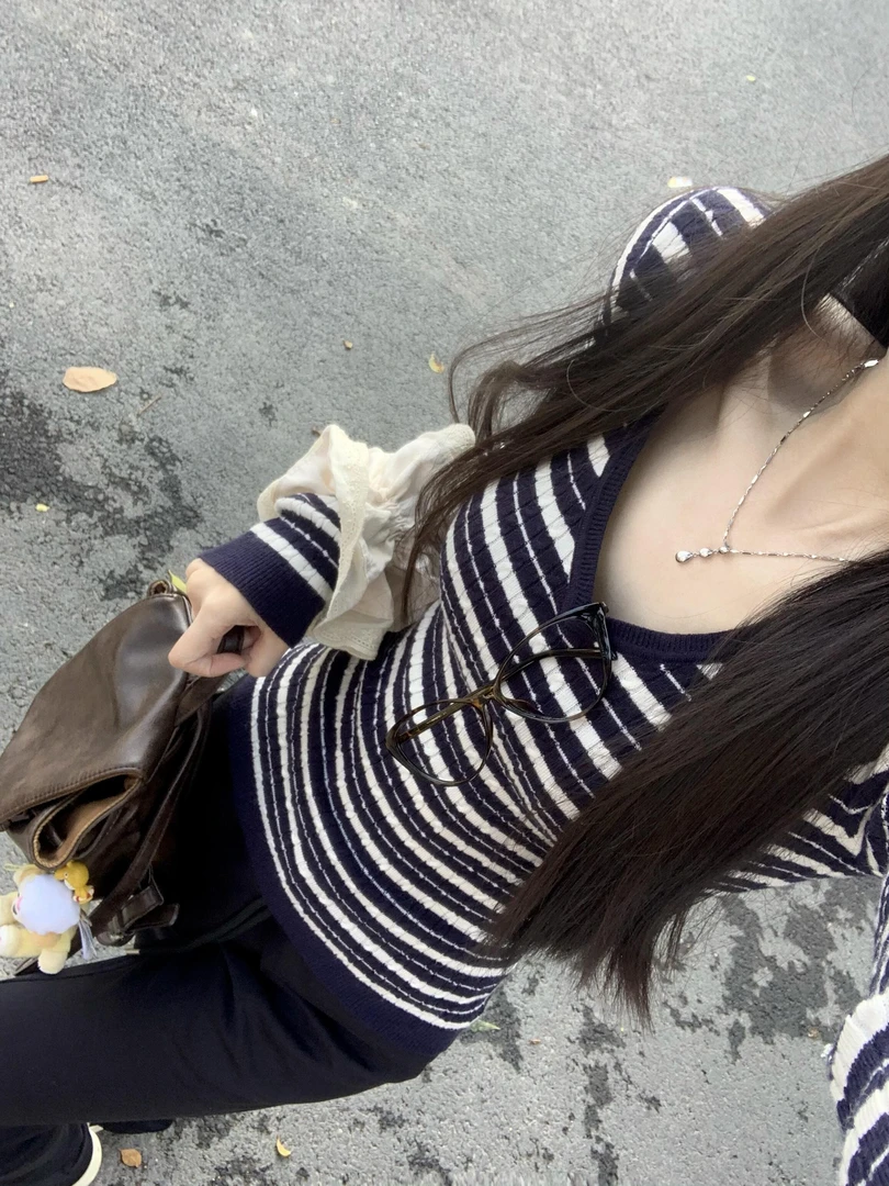 美式复古蓝白条纹V领针织衫女2025秋季新款修身显瘦短款套头上衣