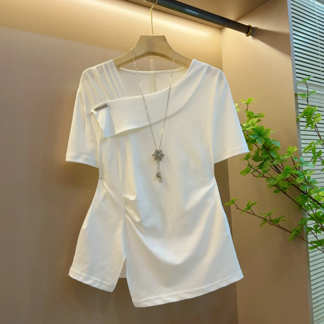 夏季新款法式百搭拼接不规则褶皱设计感减龄短袖上衣（长60左右）