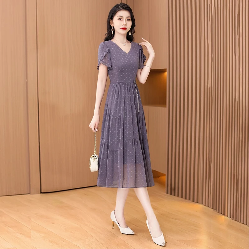 紫色波点收腰显瘦连衣裙女士春夏百搭婚庆时尚洋气减龄女神范高端