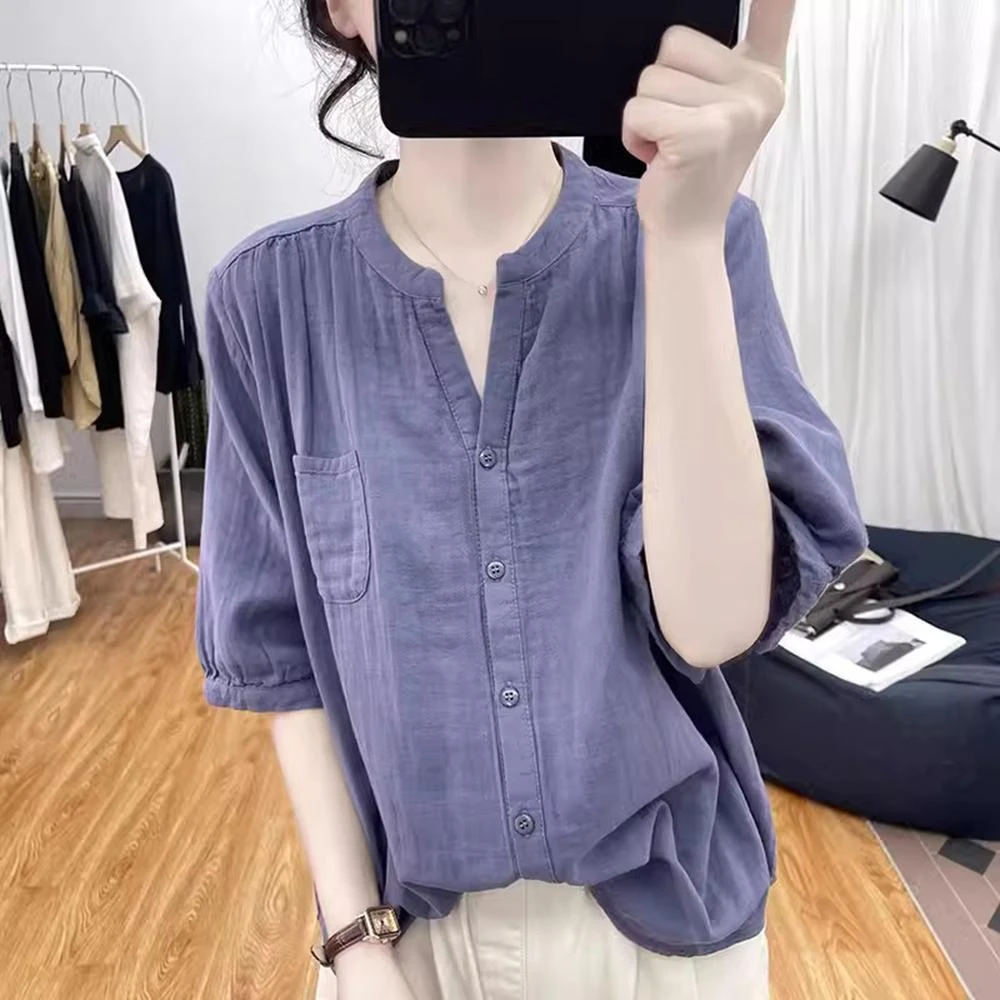 夏装女士复古纯棉宽松小V领短袖减龄衬衫拼接显瘦百搭纯色衬衣潮