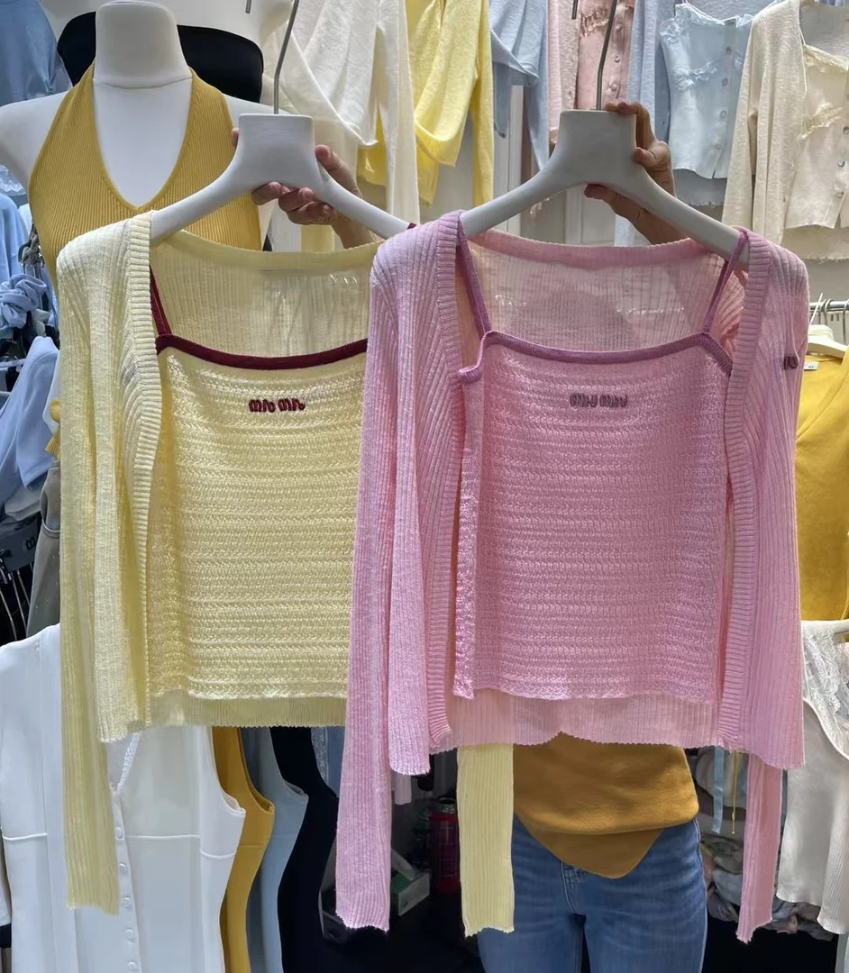 2025夏装气质百搭字母显瘦气质针织吊带背心打底衫开衫上衣两件套