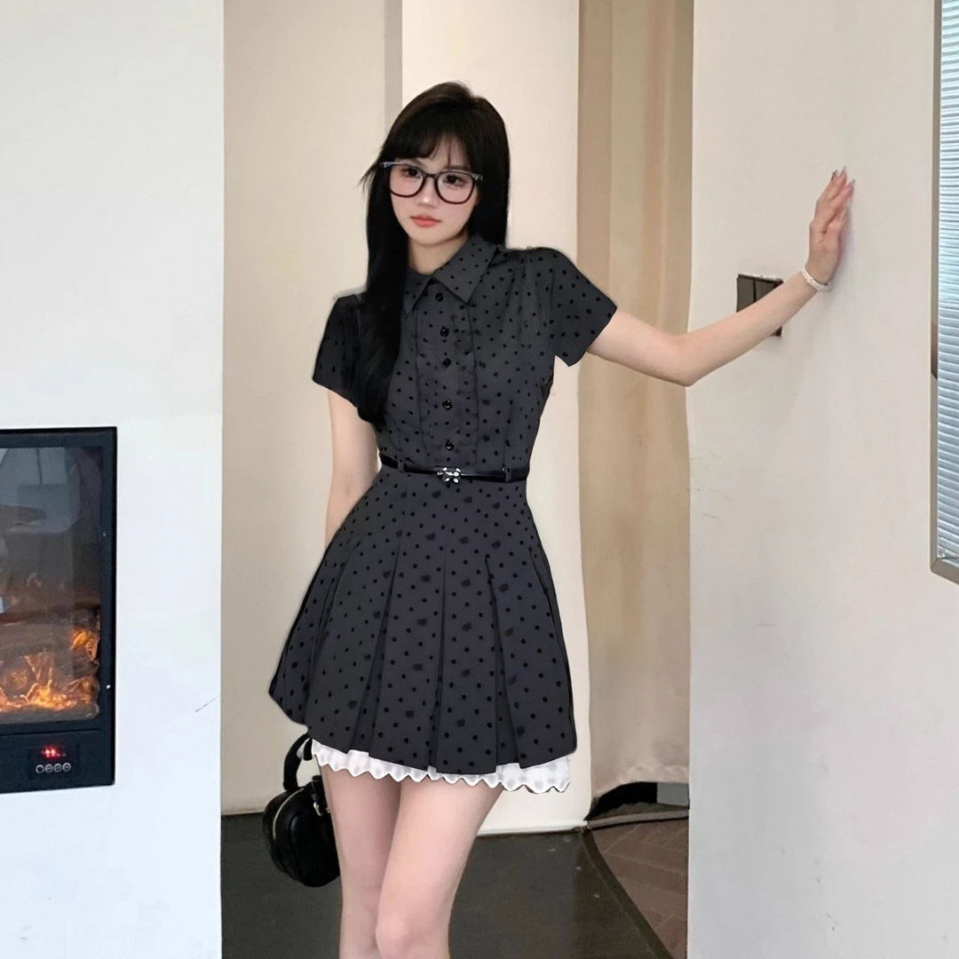 A【送腰带】【有里布】韩系连衣裙女学院风穿搭收腰显瘦a字短裙D0865