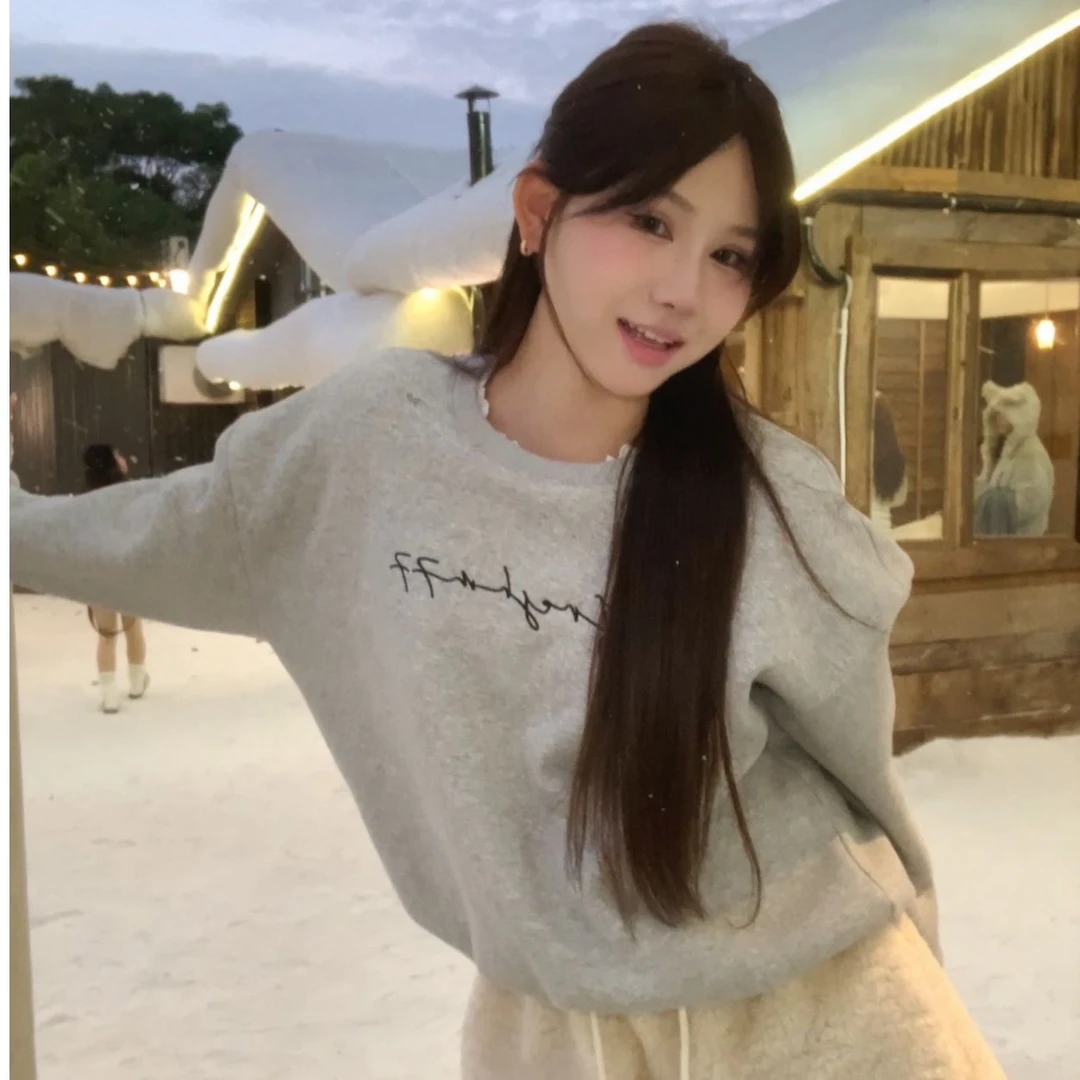 AFRESHM77【蕾丝叠穿】加厚羊羔绒套头卫衣R0525