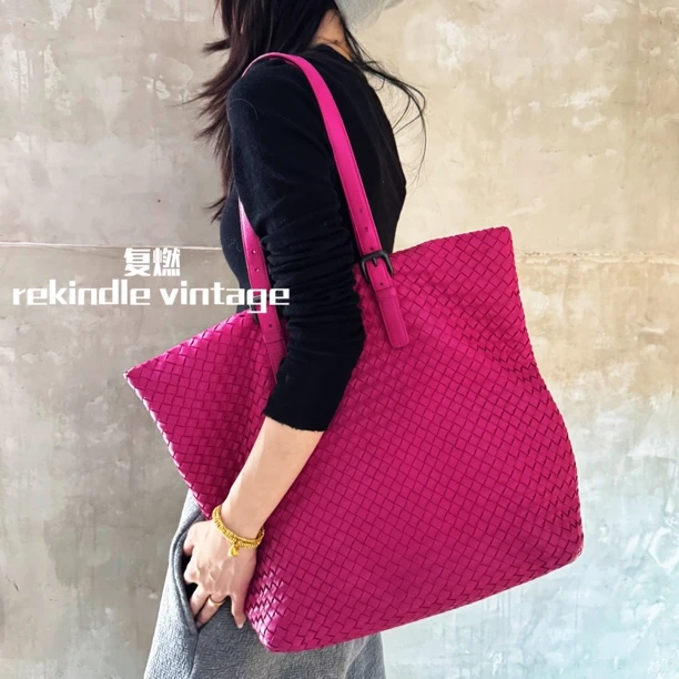 95新 BOTTEGA VENETA/葆蝶家 复燃精选/玫粉色编织托特包