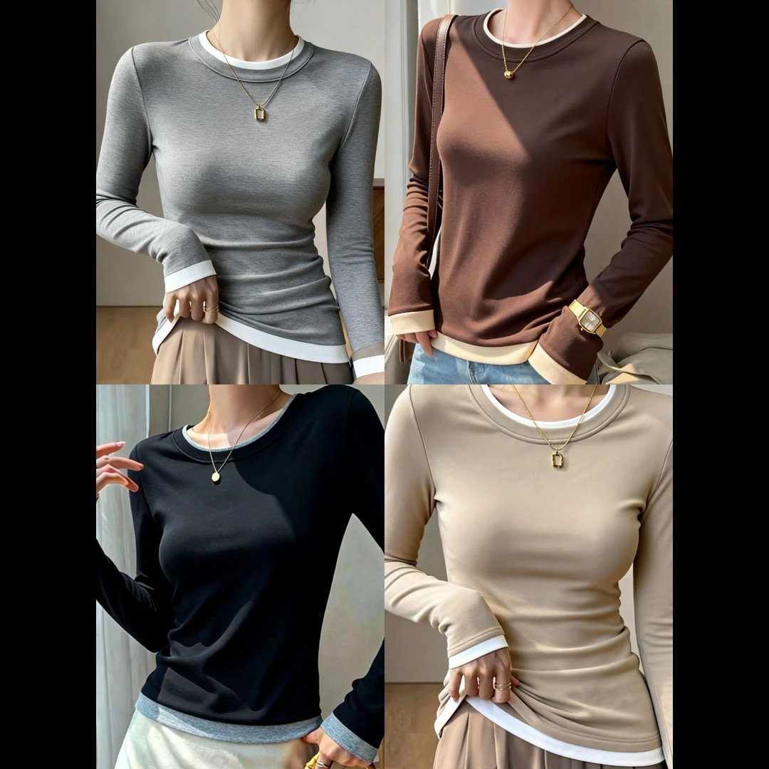 FOROLA长袖女拼接秋冬修身长袖T恤t恤ins洋气纯色百搭加绒JC11018