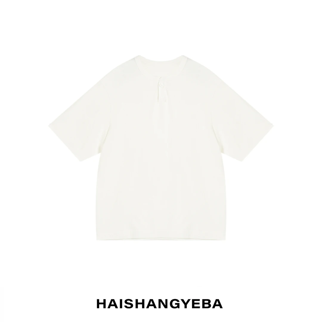 【海上叶爸】新款2025春夏百搭亚麻男女同款圆领套头单扣宽松T恤