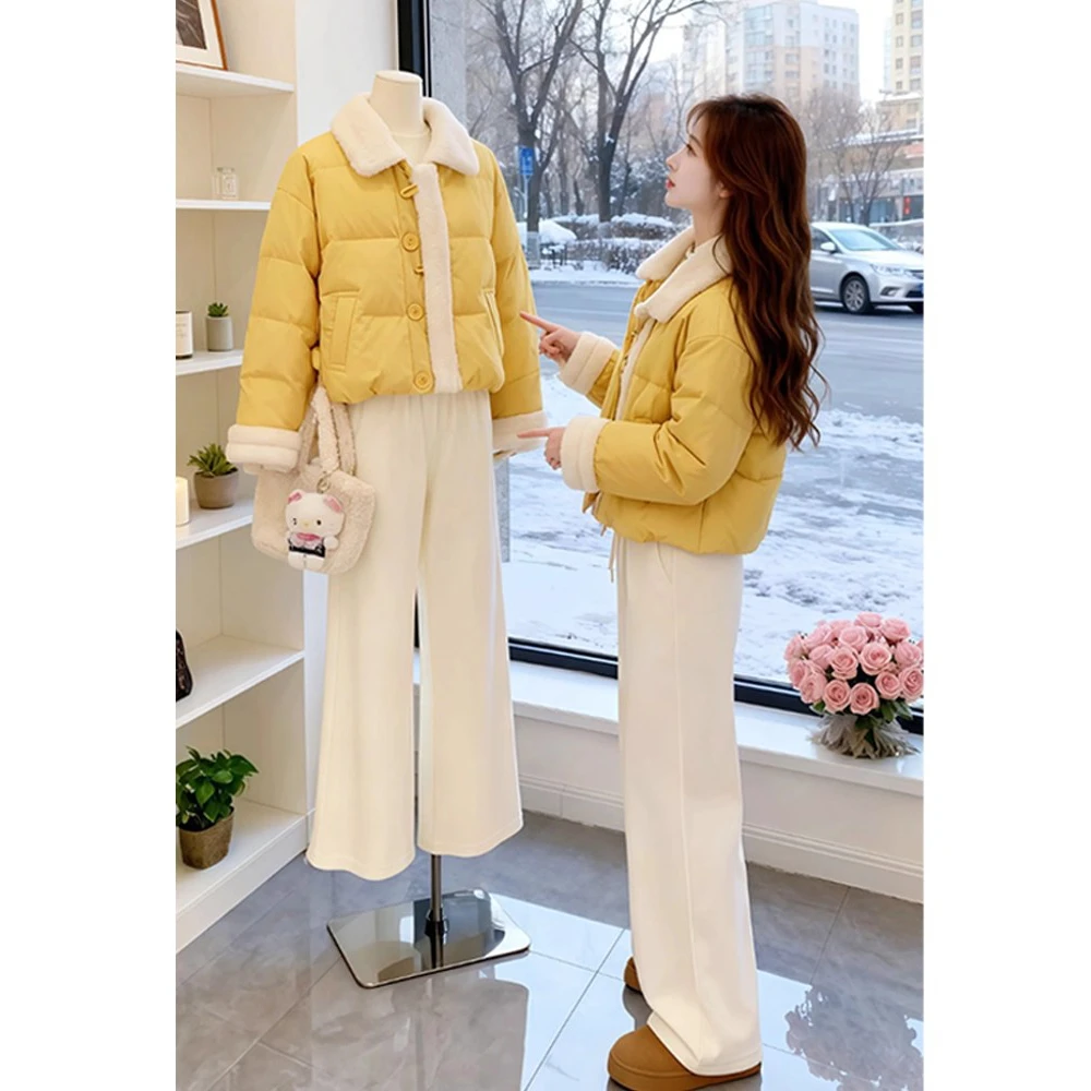 巨好看的两件套冬装女2025新款翻领拼接短款棉服休闲直筒长裤套装