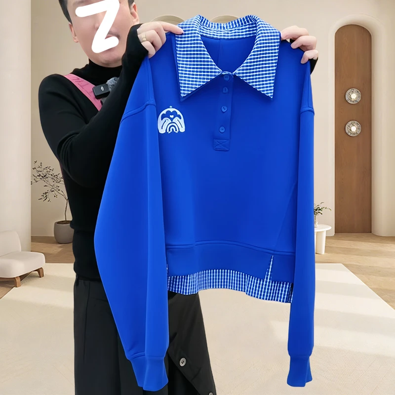 设计感拼接撞色Polo领卫衣秋冬新款洋气克莱因蓝色长袖宽松上衣女