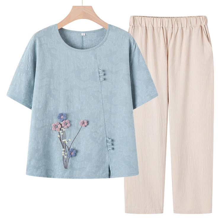 妈妈夏季棉麻套装中老年女装夏装时尚洋气短袖t恤奶奶夏季薄衣服